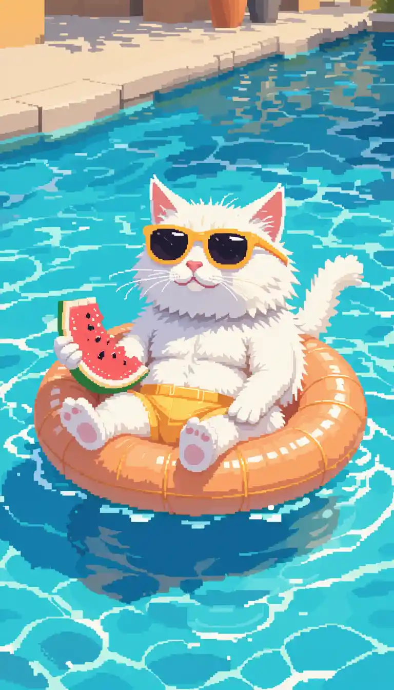 Cute pixel art white cat floating in a sunny pool