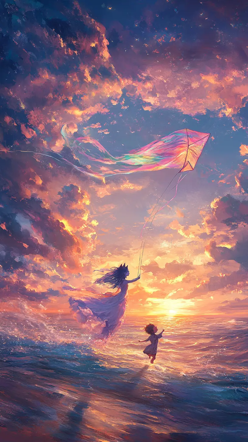 Mystical feline sorceress gliding across a sunset ocean