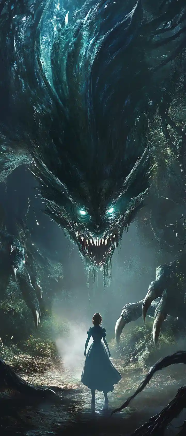 Alice faces a towering dragon in a dark forest