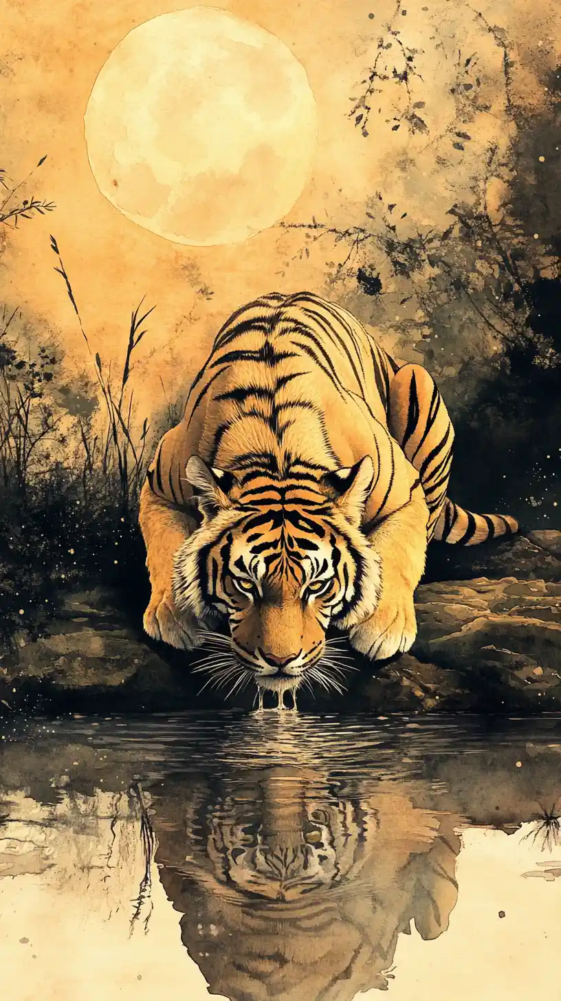 Tiger Drinking By A Still Moonlit River In Watercolor