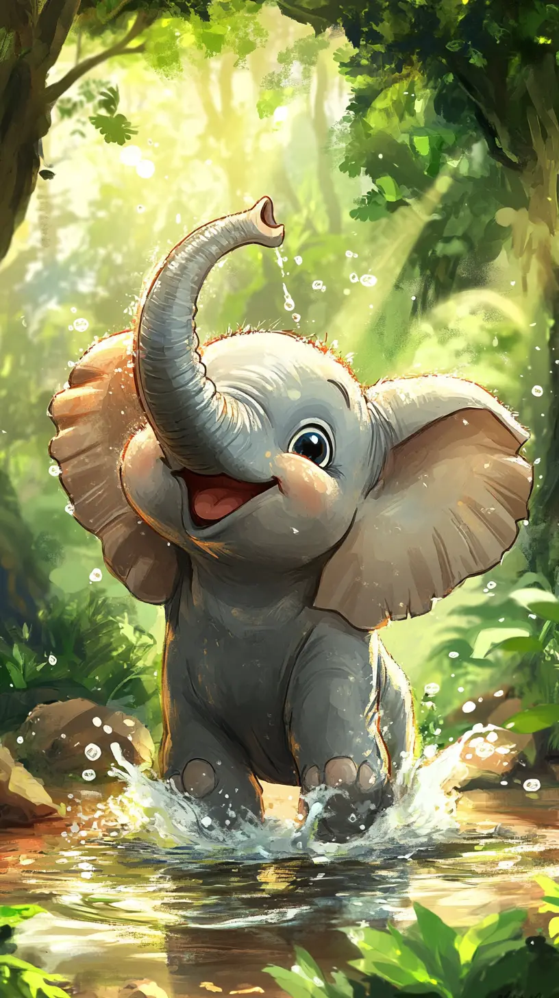 Fröhlicher Cartoon-Elefant, der im Zoo eine Pfütze hochspritzt