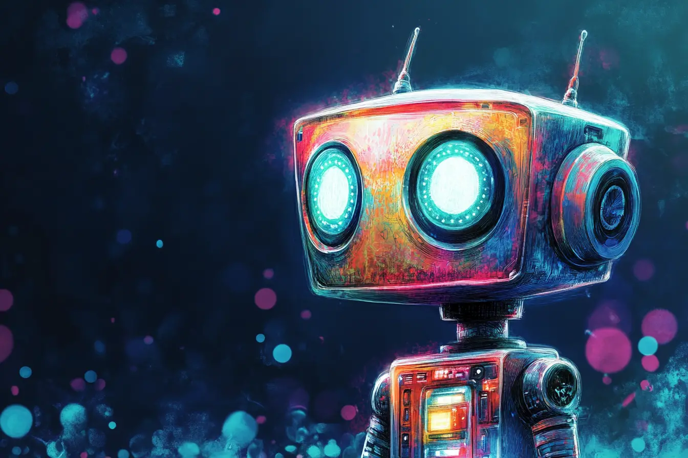 Süßer Chibi-Roboter an einem bunten Computer-Arbeitsplatz