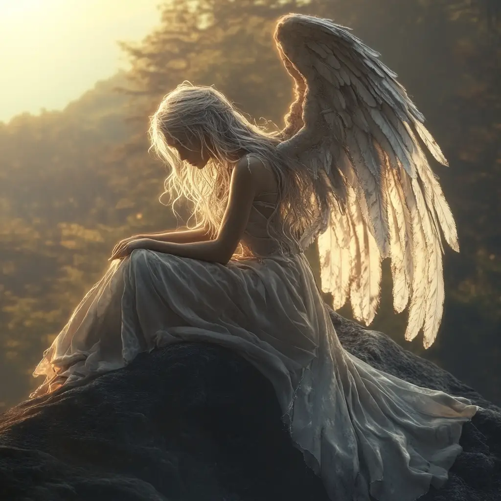 Sad angel girl on a rock at sunrise