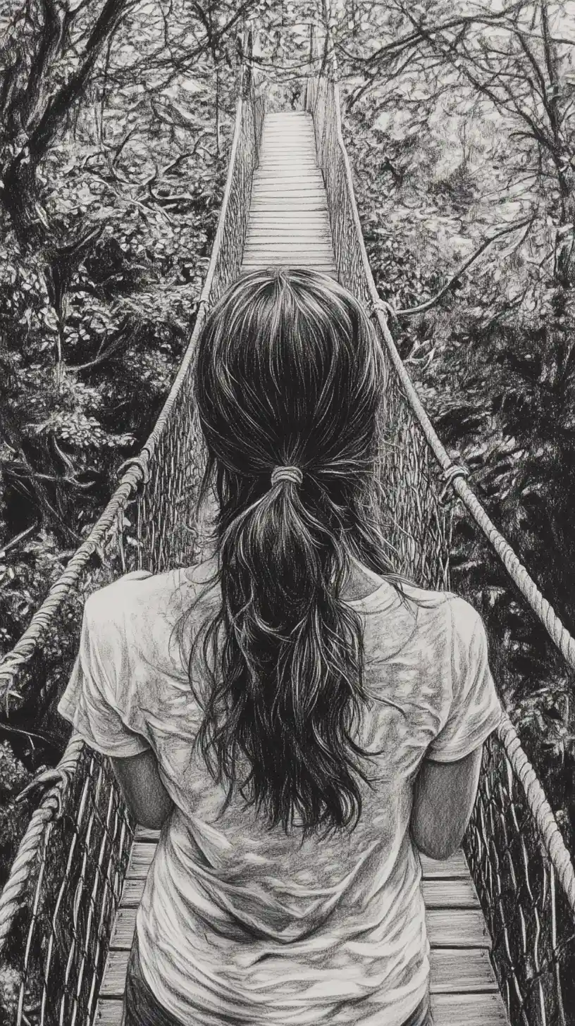 Frau, die auf einer Waldbrücke inmitten der Natur geht
