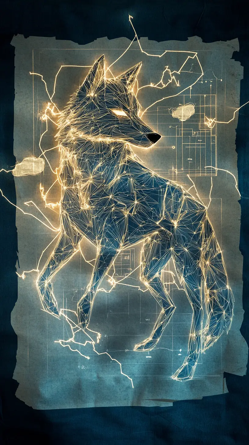 Loup en papier bondissant d’un plan crépitant aux bords lumineux
