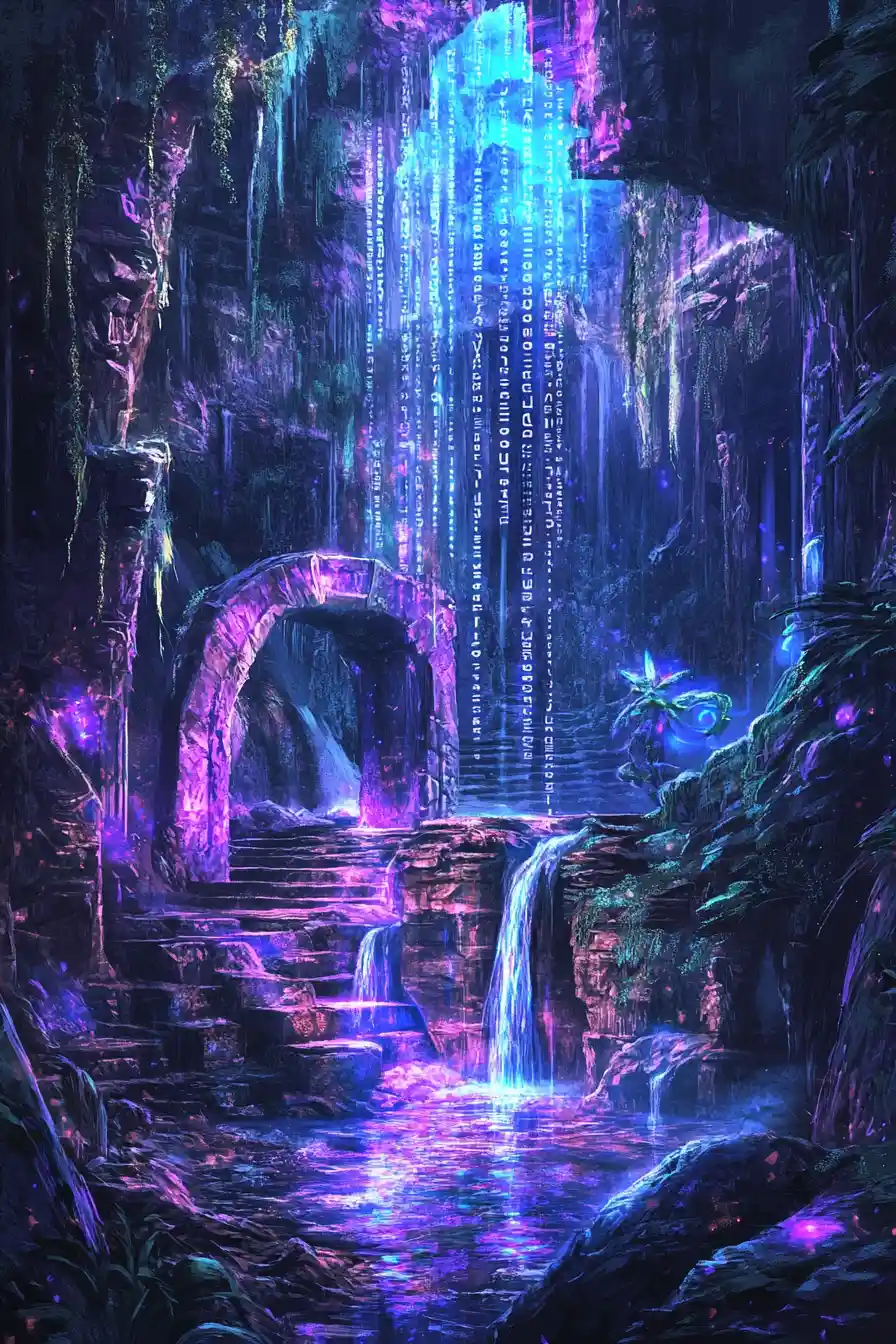 Hidden stone shrine beneath a waterfall of cascading code