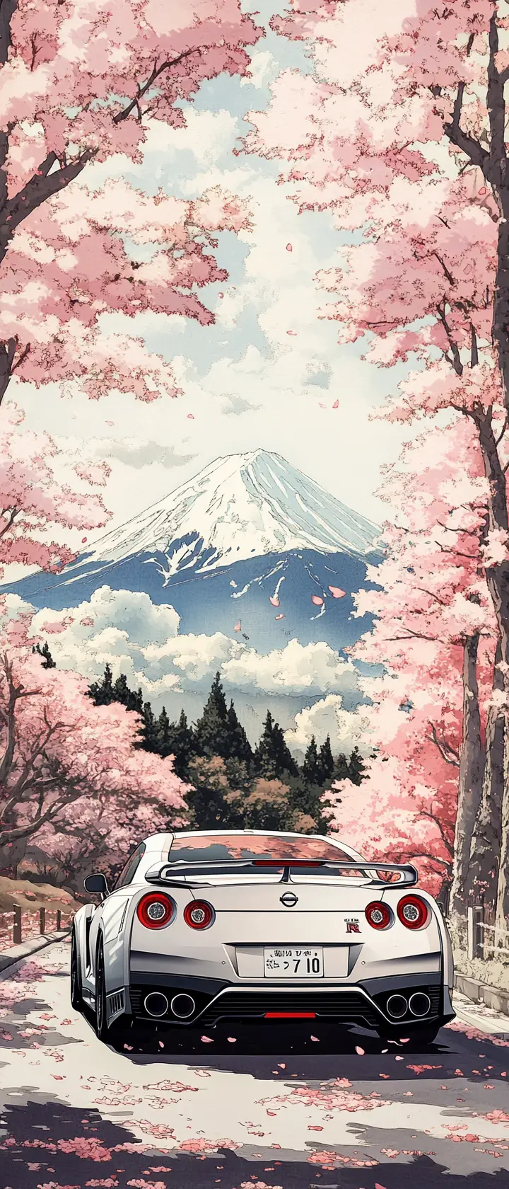 Nissan-Sportwagen im Edo-Stil mit Blick auf den Berg Fuji