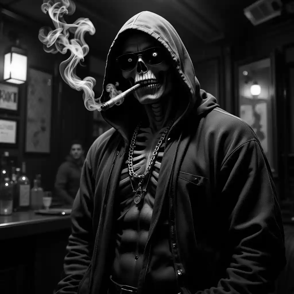 Gangster-Skelett mit Hoodie in rauchiger Noir-Bar