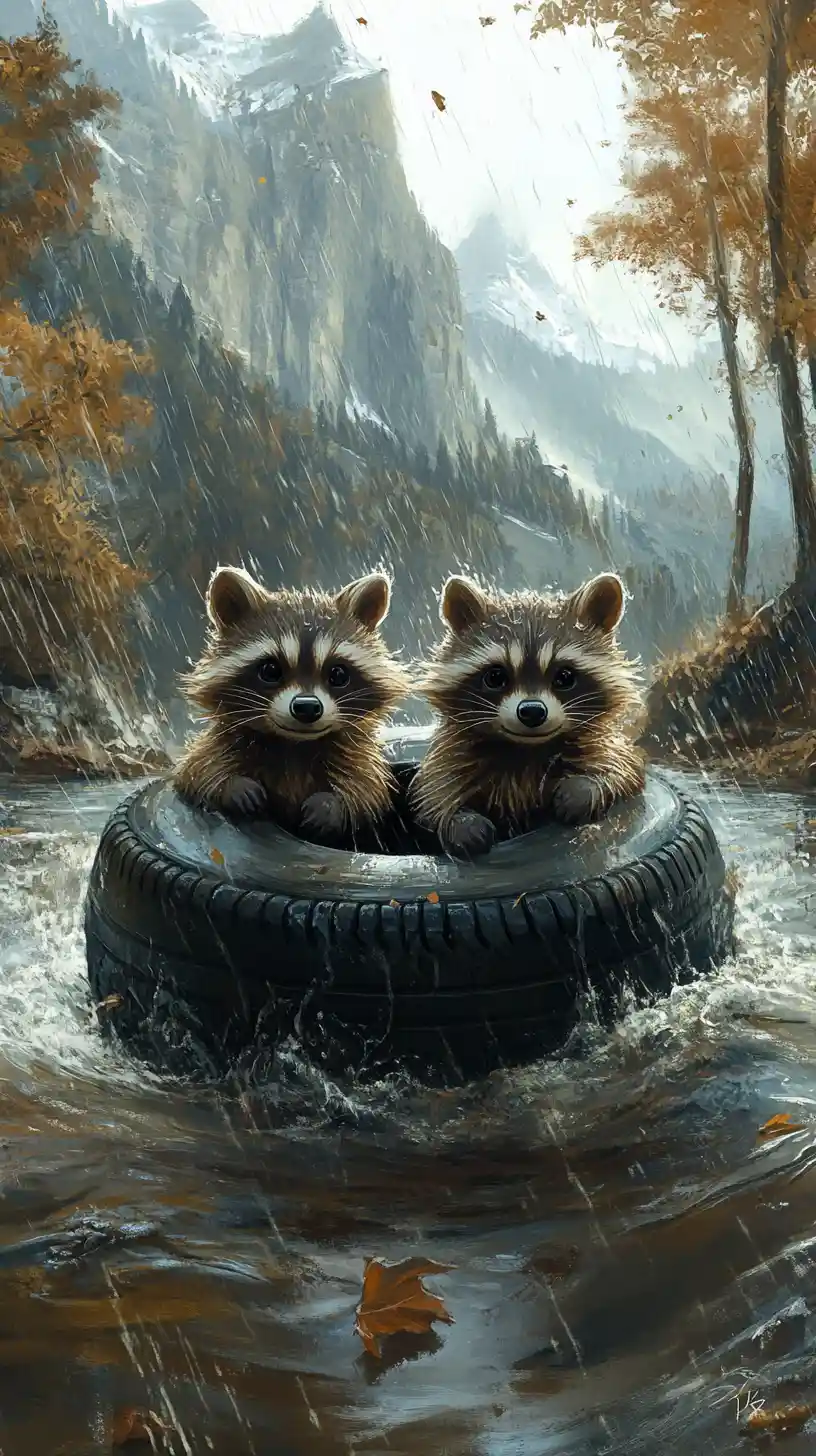 Two raccoons floating on a tire down a rainy river