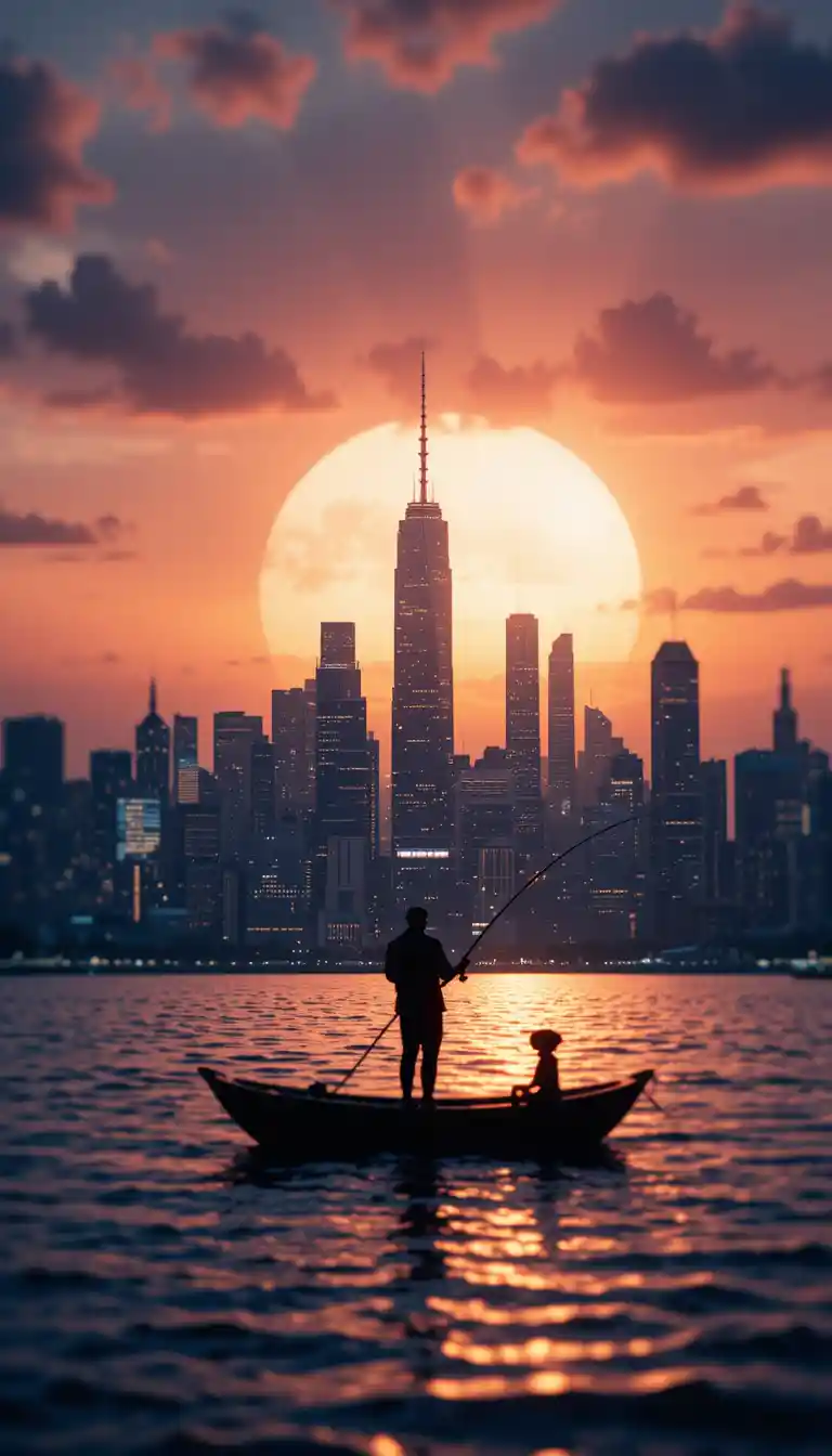Silhouetted Fishing Boat Against Surreal City Sunset Sky