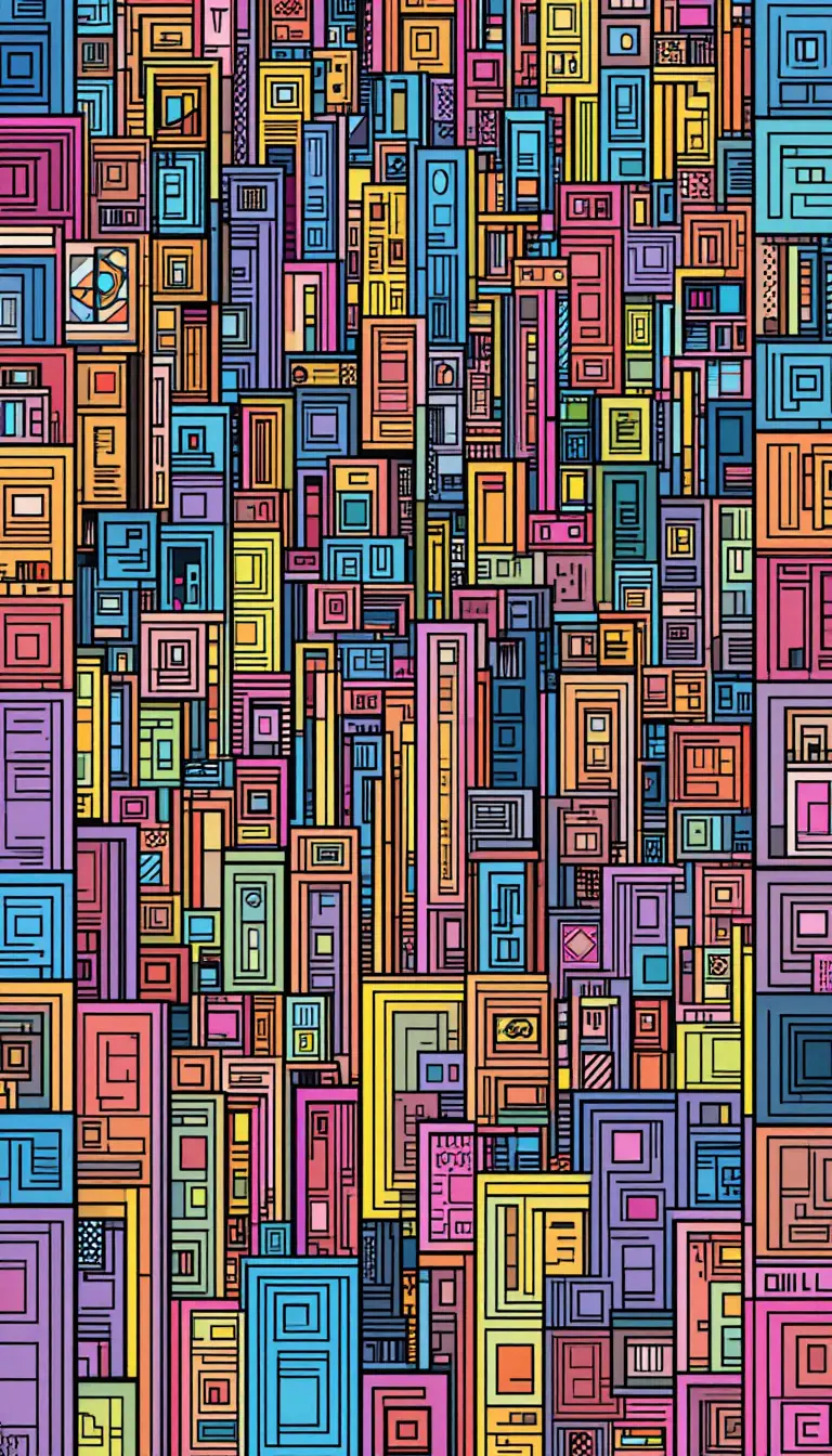 Ville en mosaïque géométrique colorée composée de carrés à motifs