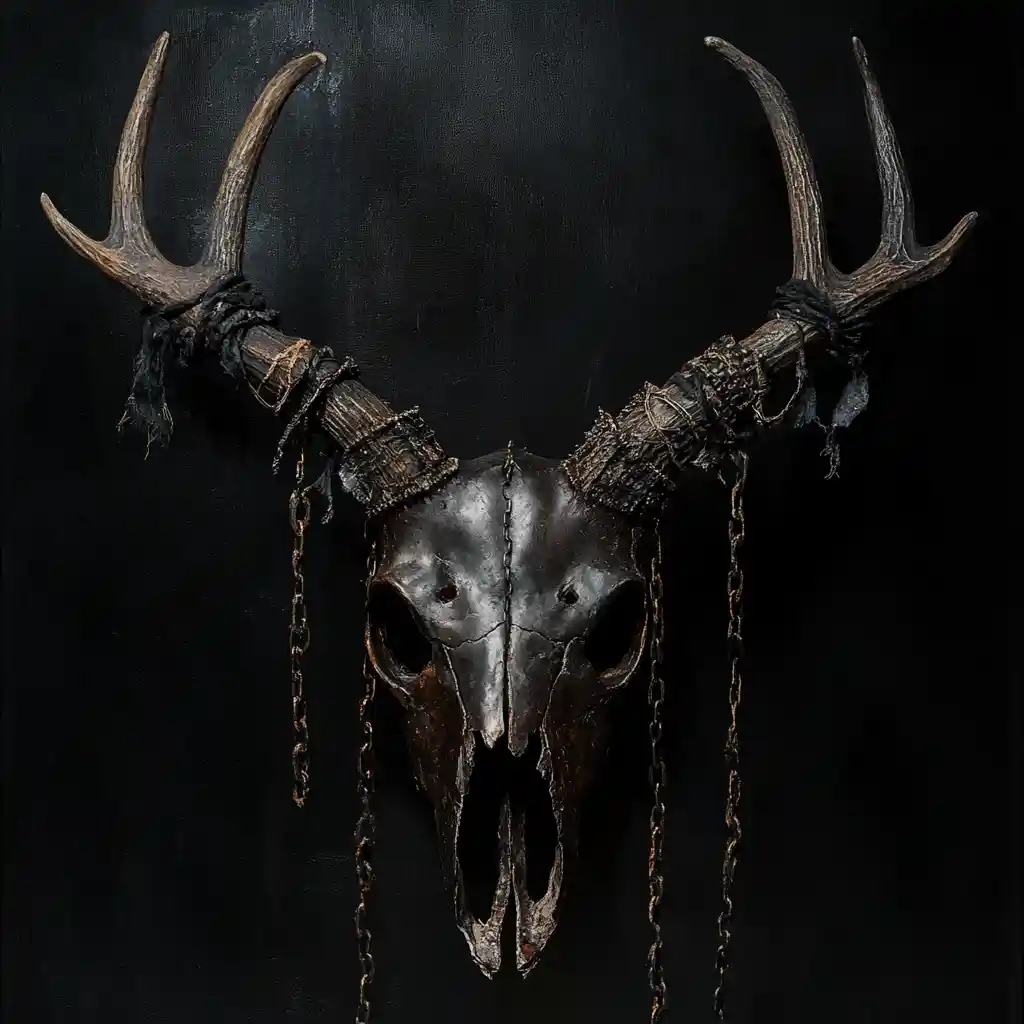 Black deer skull with broken antlers and gothic chains