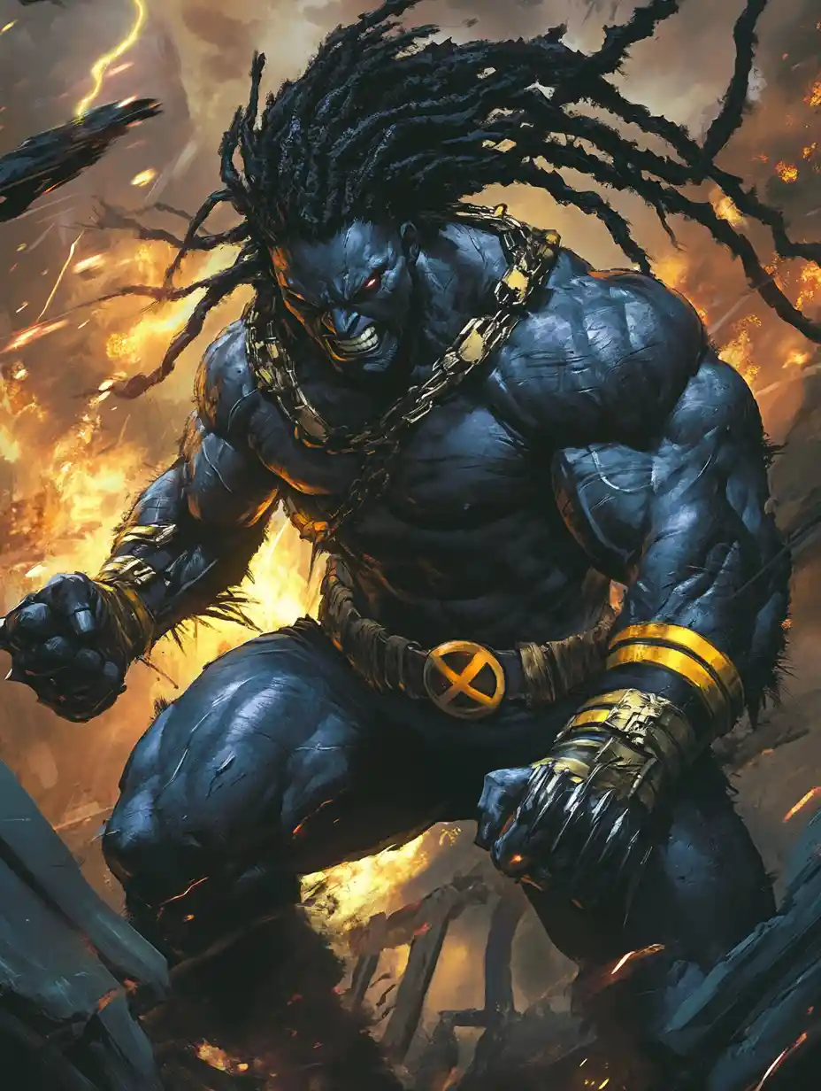 Black skinned superhero with chains in burning city