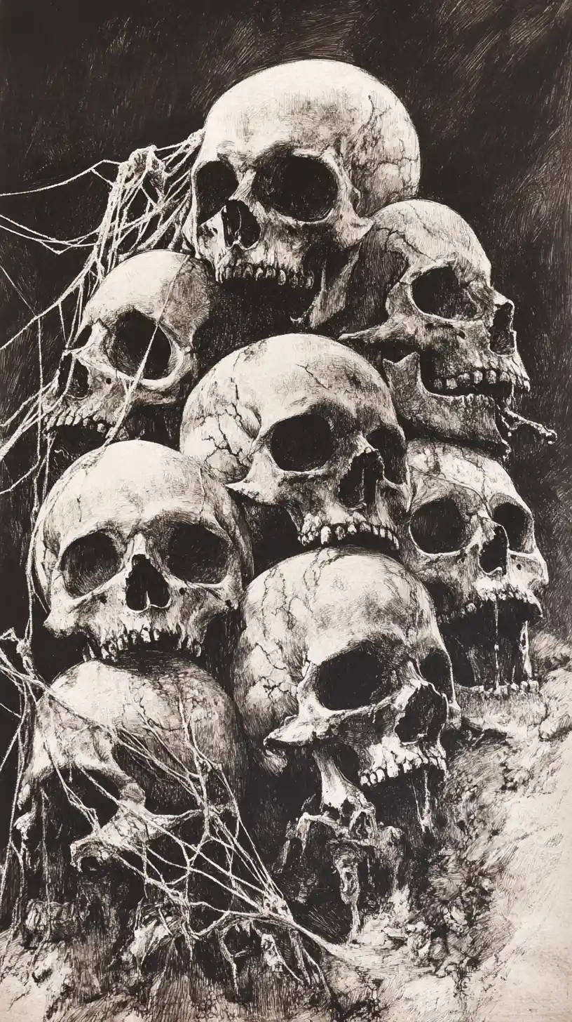 Aged human skulls wrapped in ancient cobwebs