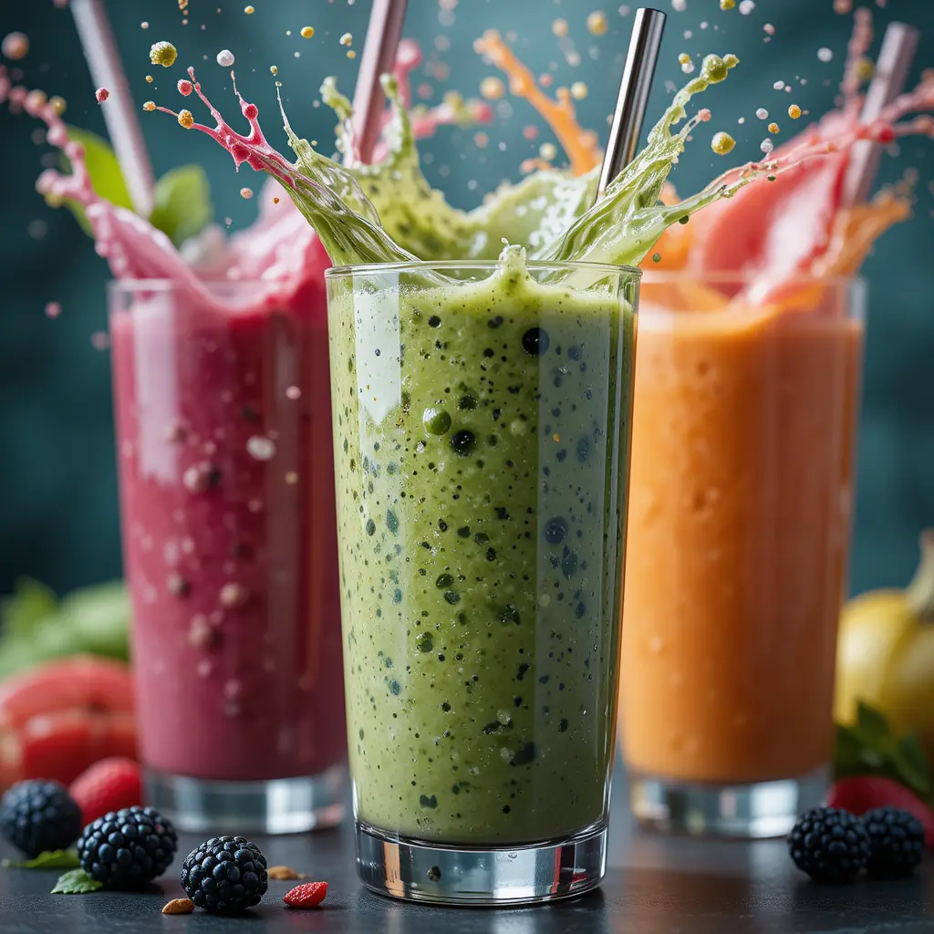 Gros plan extrême de trois smoothies frais et colorés éclaboussant
