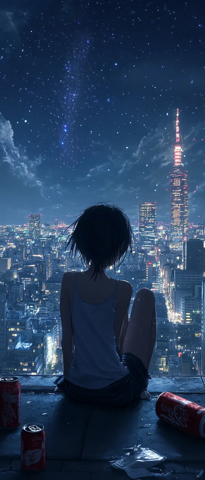 Ragazza anime che piange su un tetto cittadino di notte