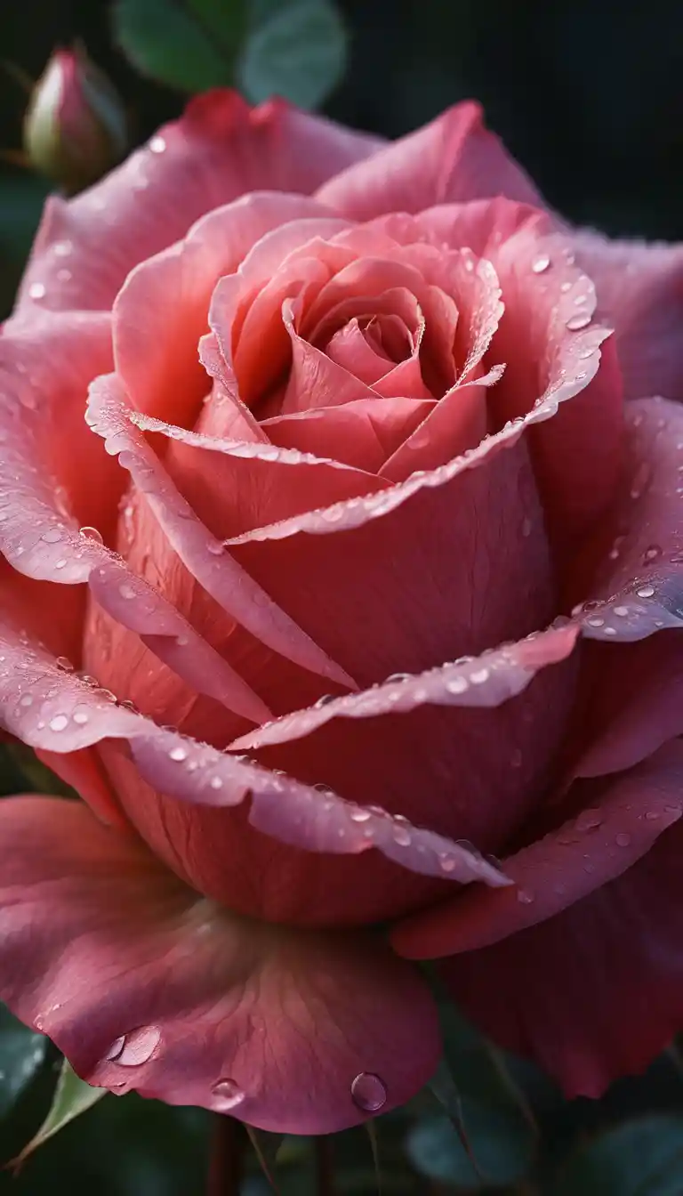 Close up fantasy view of dew kissed red rose