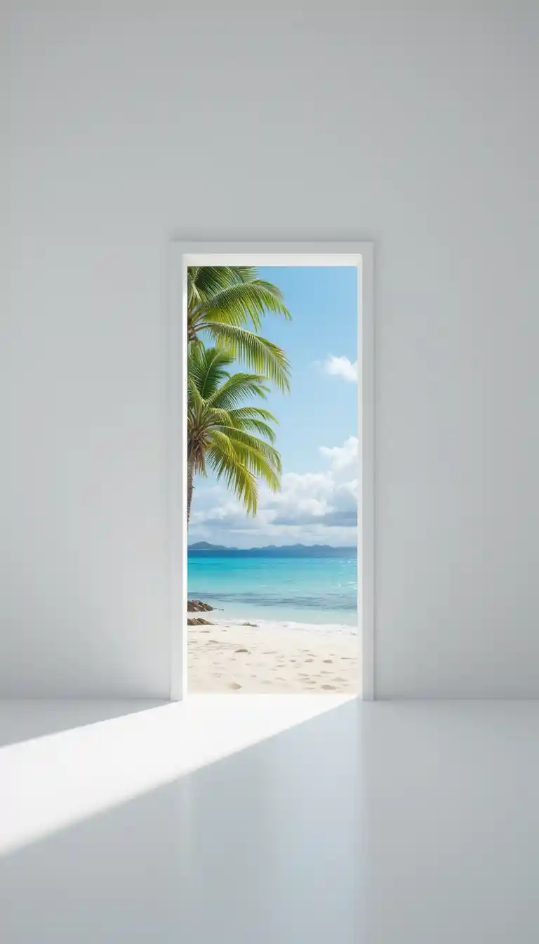 Porta aperta che rivela un lontano paradiso di spiaggia tropicale