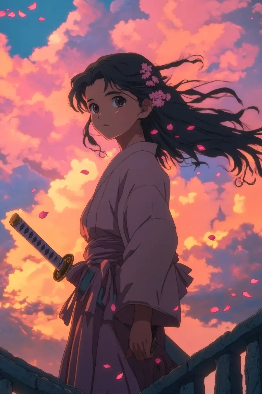 夕焼けに染まる崩れた橋の上のアニメ女剣士