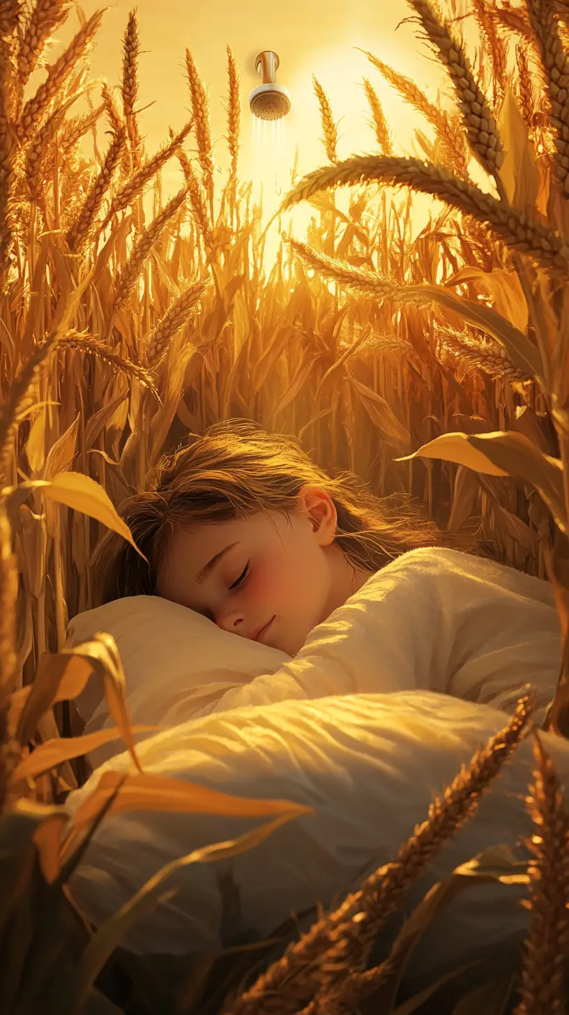 Jeune fille dormant dans un lit au milieu d’un champ de maïs doré