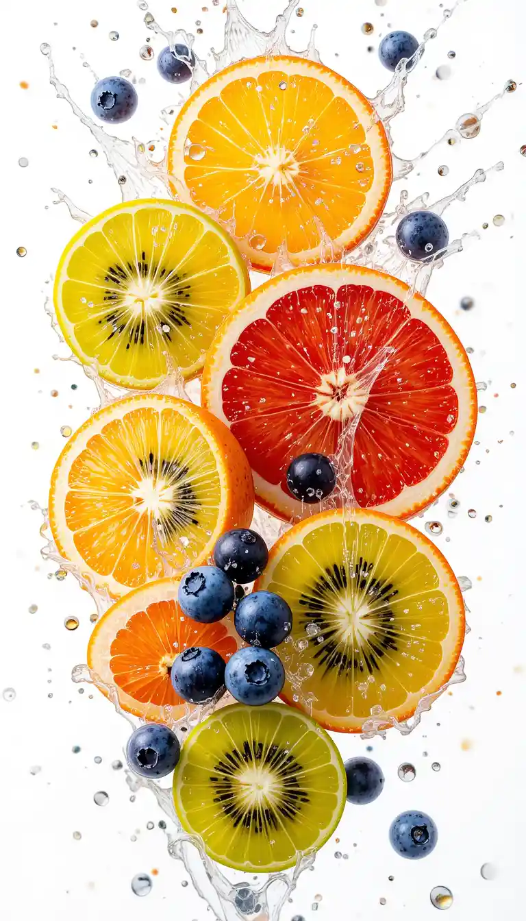 Fresh fruit slices splashing in clear water on white