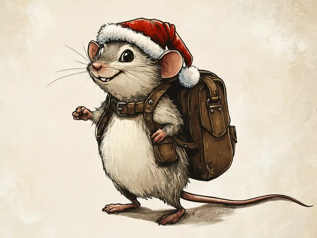 Cartoon mouse in santa hat with leather satchel