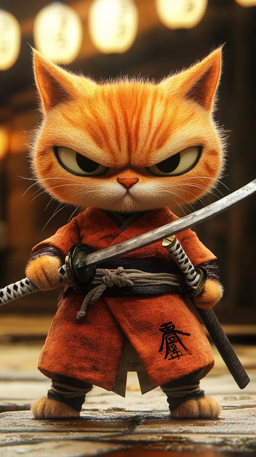 憤怒的橘色武士貓・俏皮皮克斯風格 3D 藝術