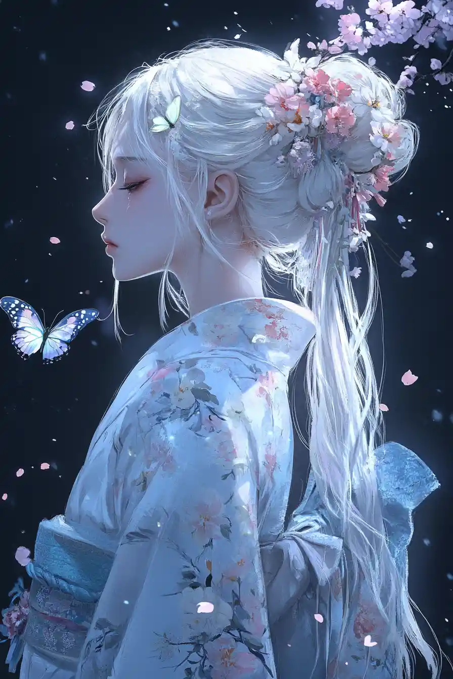Elegante donna anime in kimono floreale con farfalle