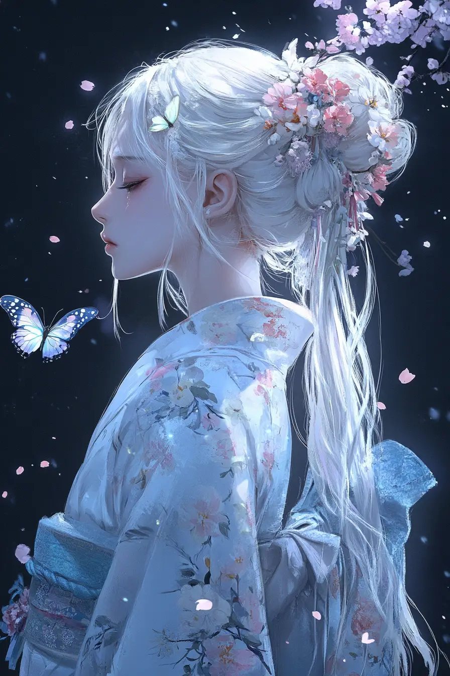 Elegante Anime-Frau im Blumen-Kimono mit Schmetterlingen