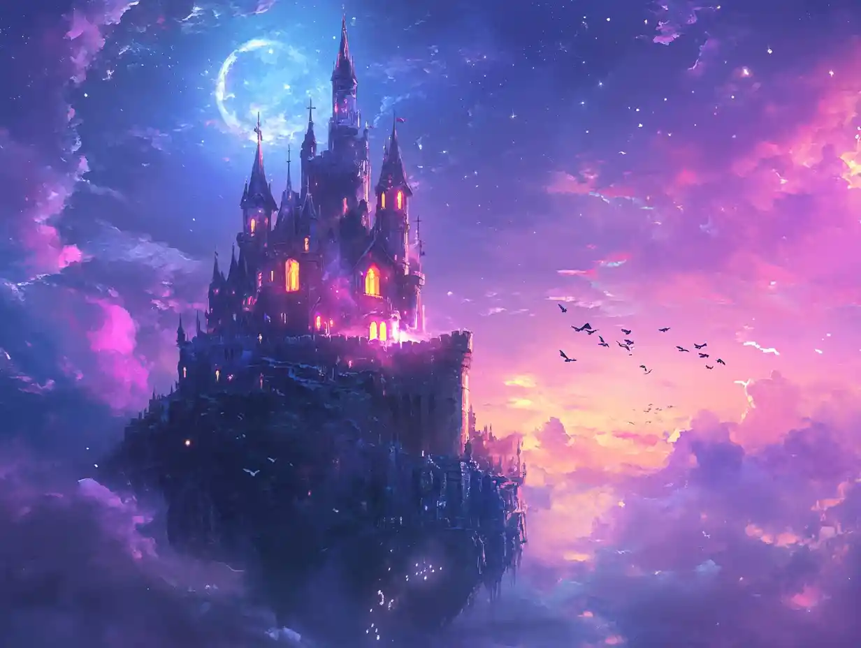 Schwebendes Anime-Schloss unter einem traumhaften Mondhimmel
