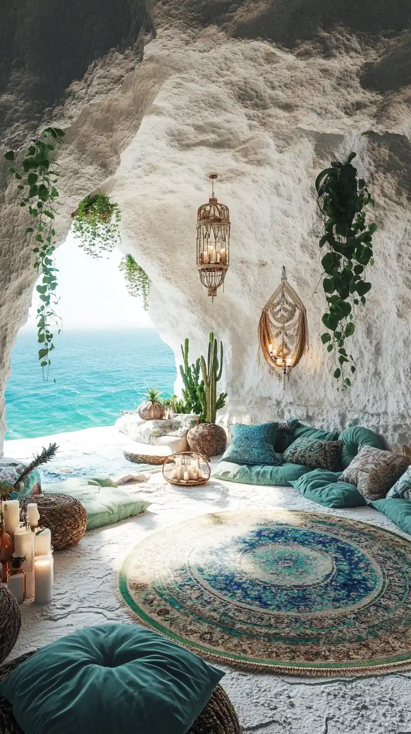 Boho Cave Interior With Sea View And Soft Sunlit Water