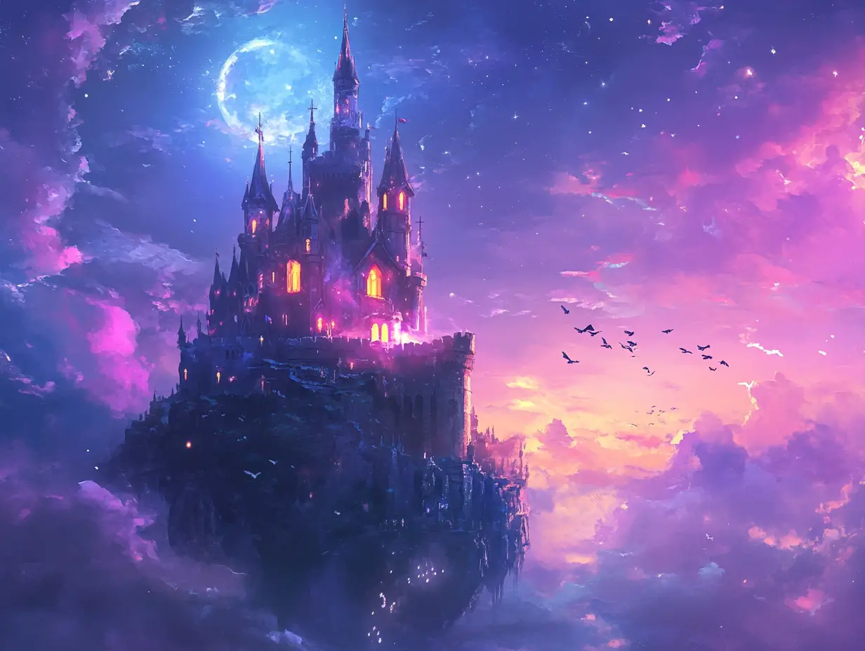 Schwebendes Anime-Schloss unter einem traumhaften Mondhimmel