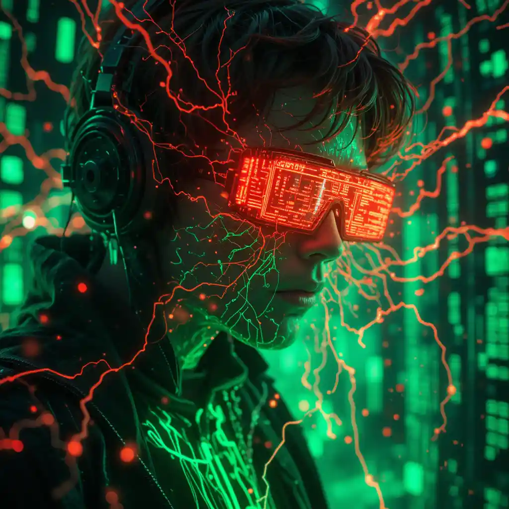 Cyberpunk-Hacker mit viralen neonfarbenen Digitalkodierungen