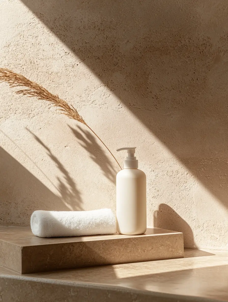 Minimale weiße Bodylotion-Flasche auf nassen Steinfliesen