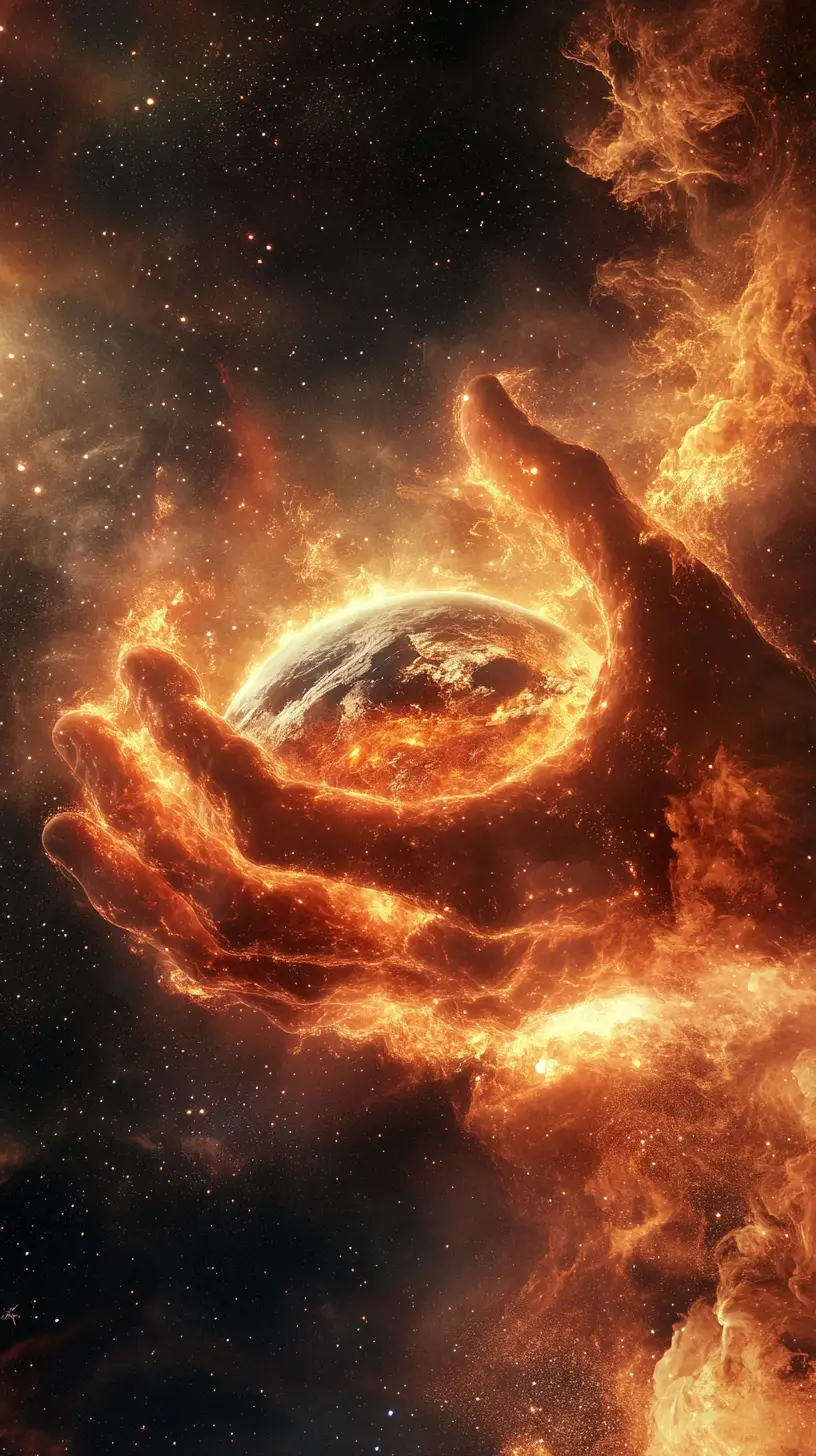 宇宙で輝く惑星をつかむ炎の雲の手