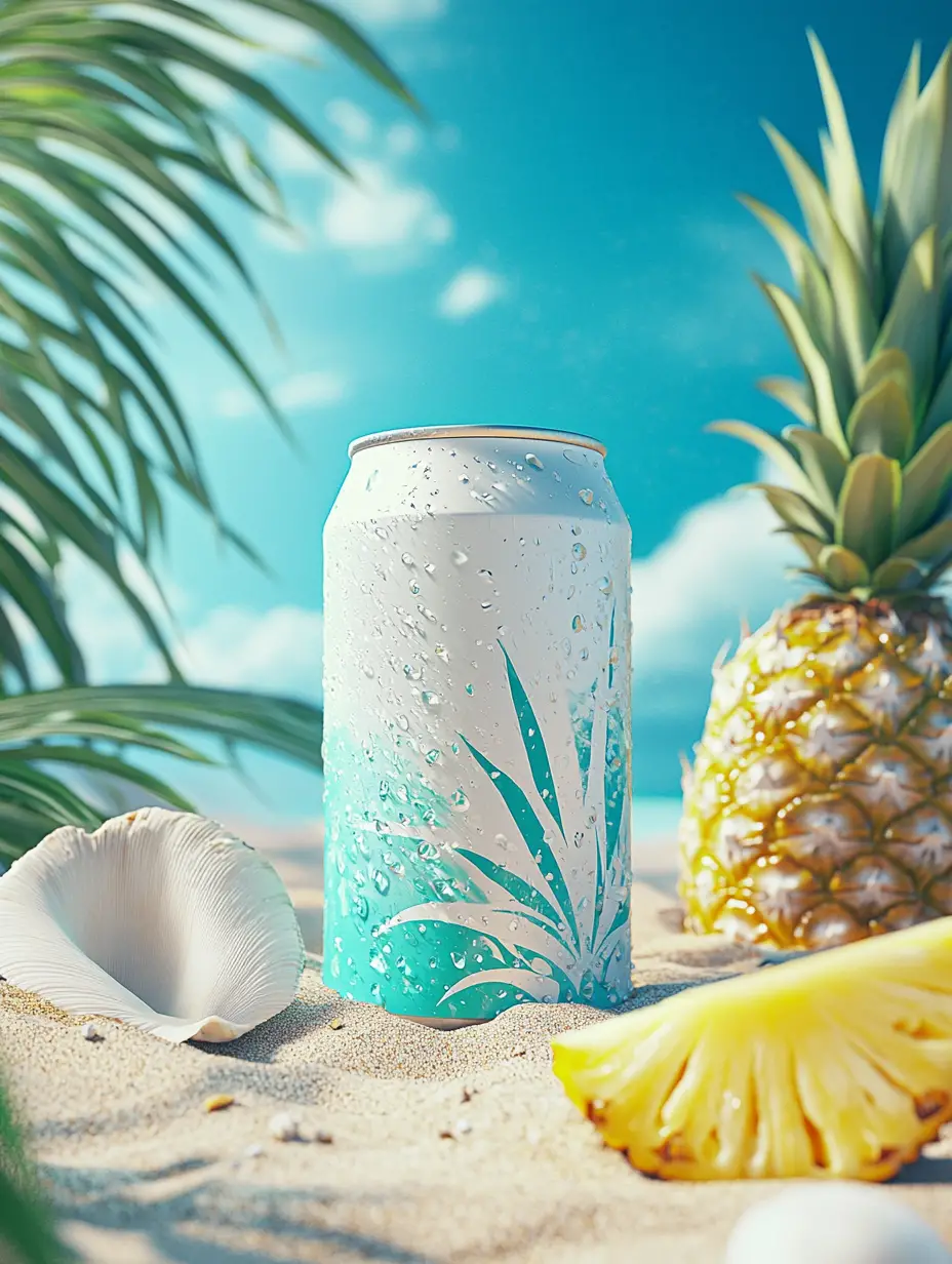 Lattina di soda all’ananas frizzante su spiaggia tropicale sabbiosa