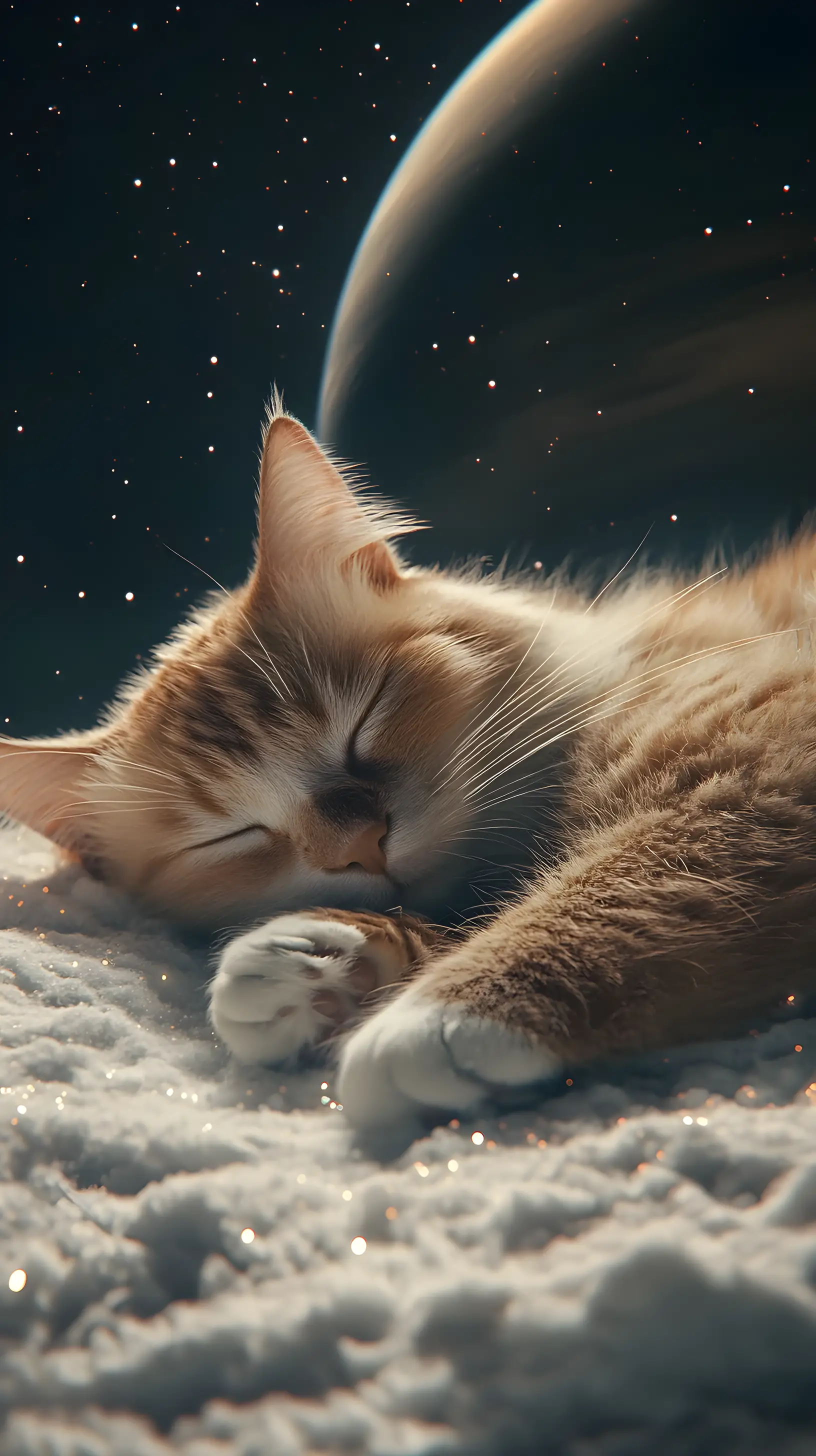 暹羅貓在太空中土星環上睡覺