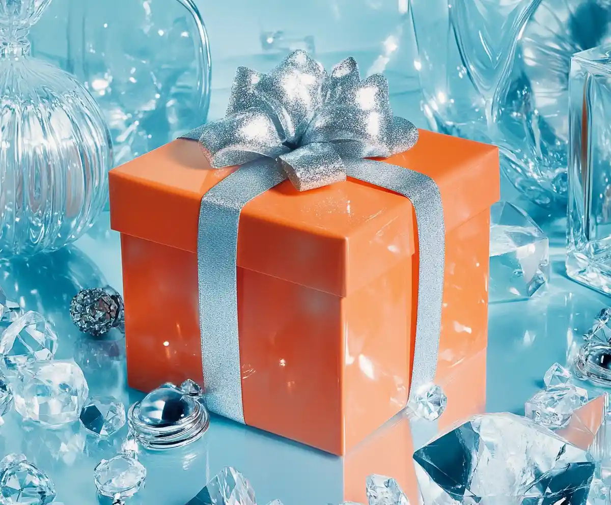 Scatola regalo arancione con nastro argentato su sfondo blu
