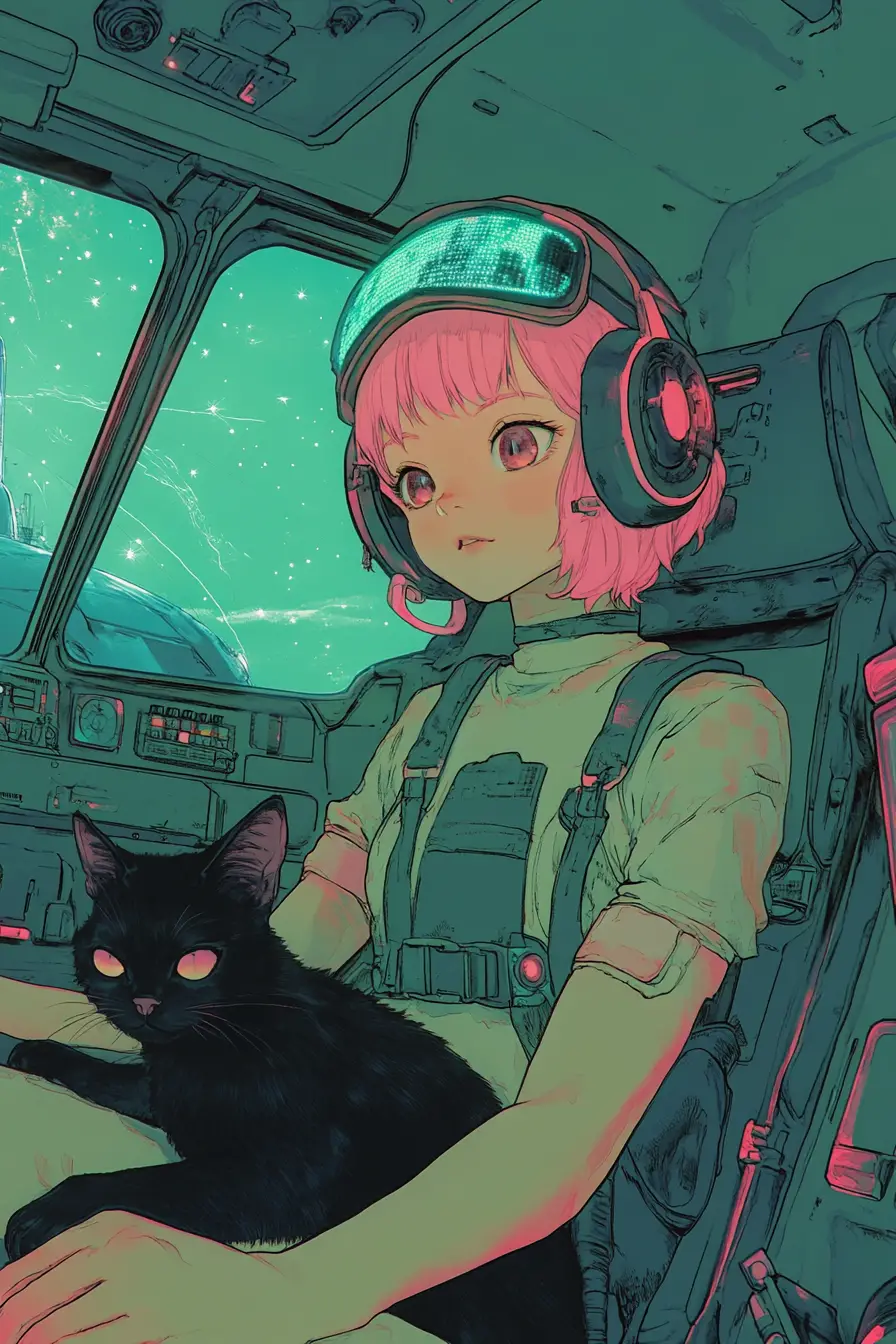 Anime Girl And Cat In Retro Futuristic Space Vehicle