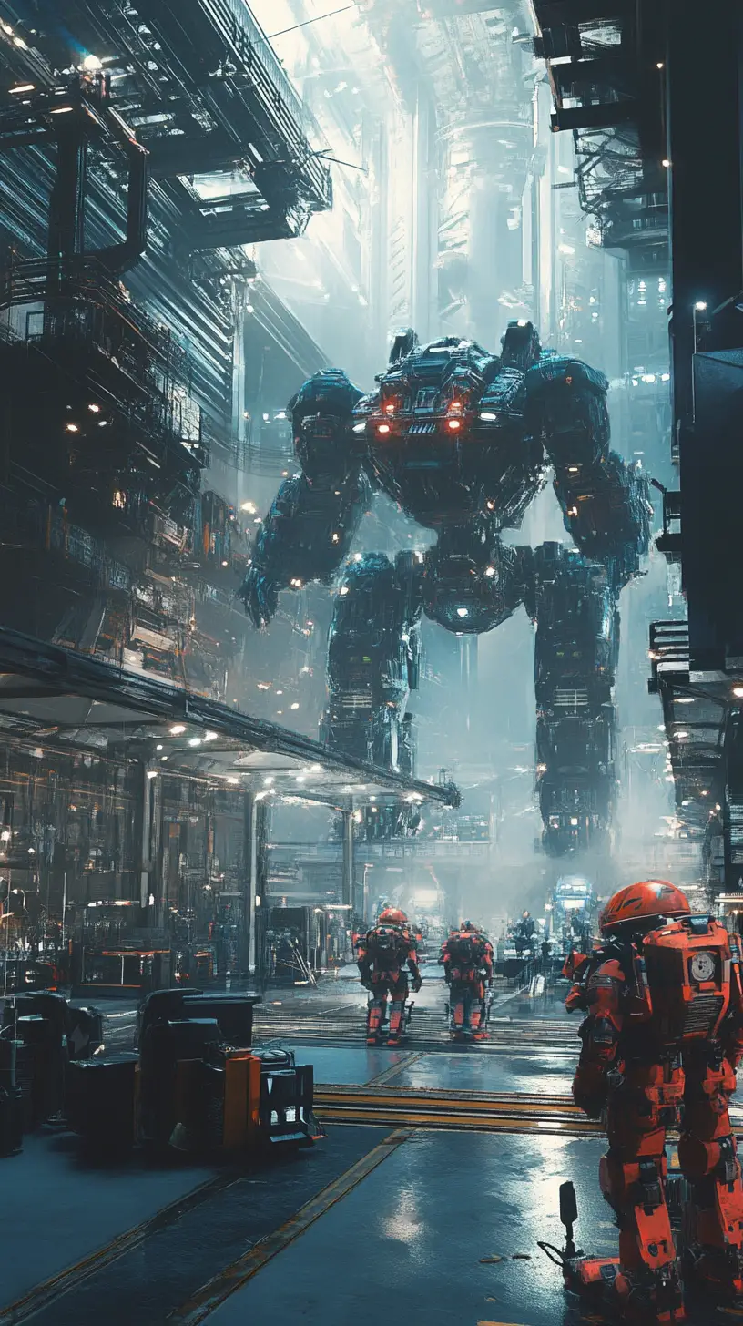 Mecha-Roboter bereit zum Kampf in einem futuristischen Hangar