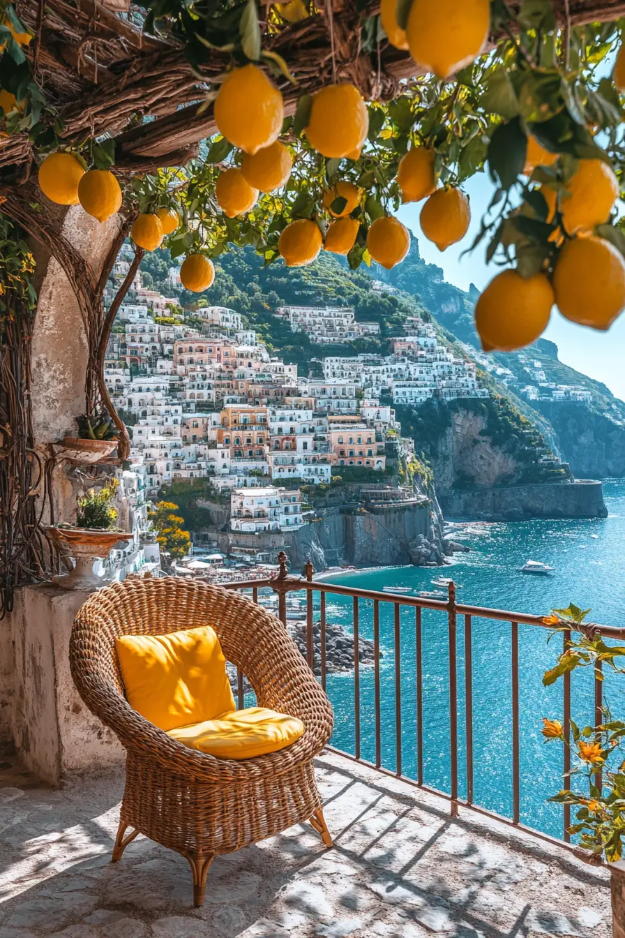 Sonniger Balkon mit Blick über Positano an der Amalfiküste