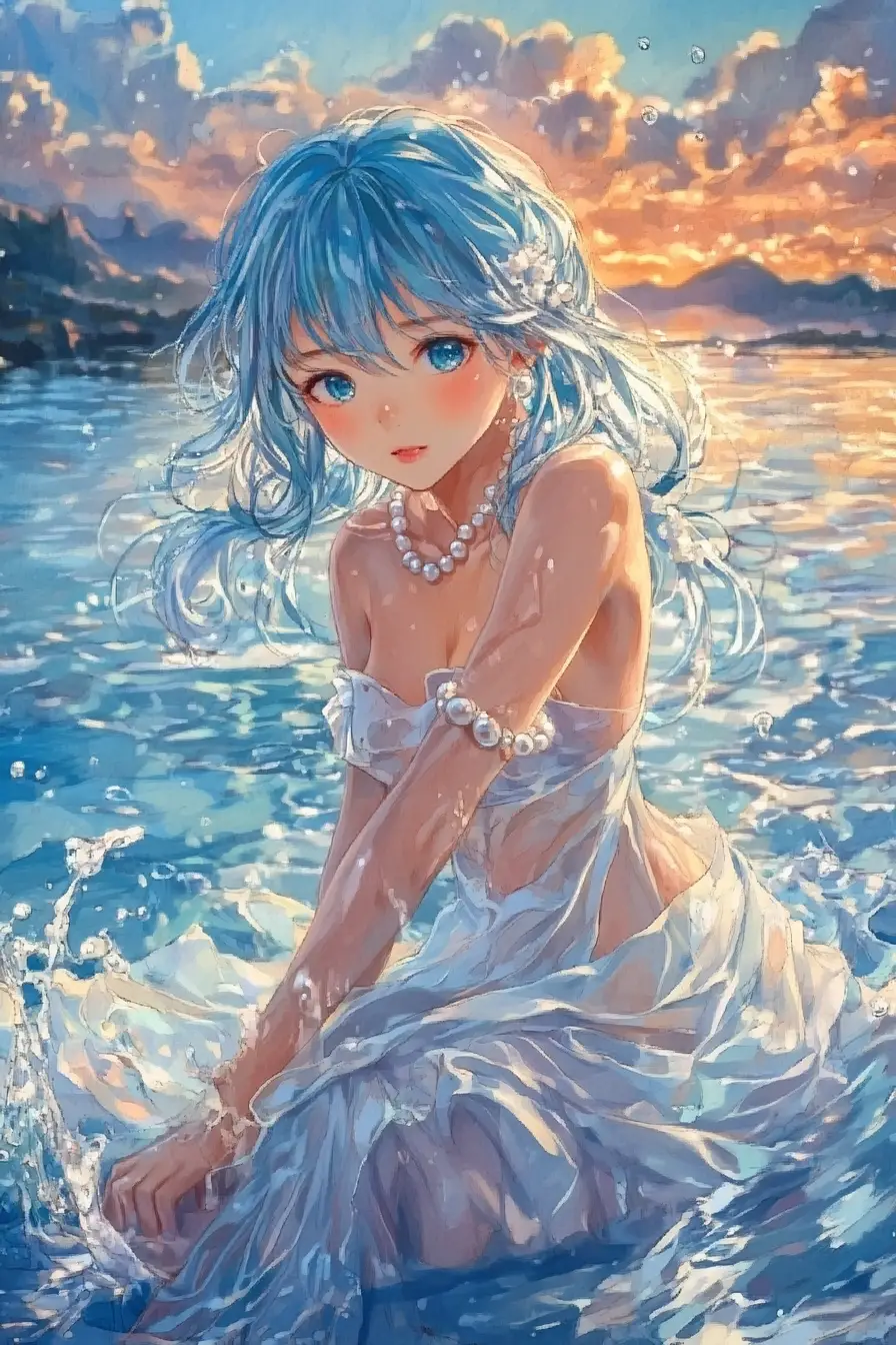 Ragazza anime che danza su un lago di cristallo al crepuscolo