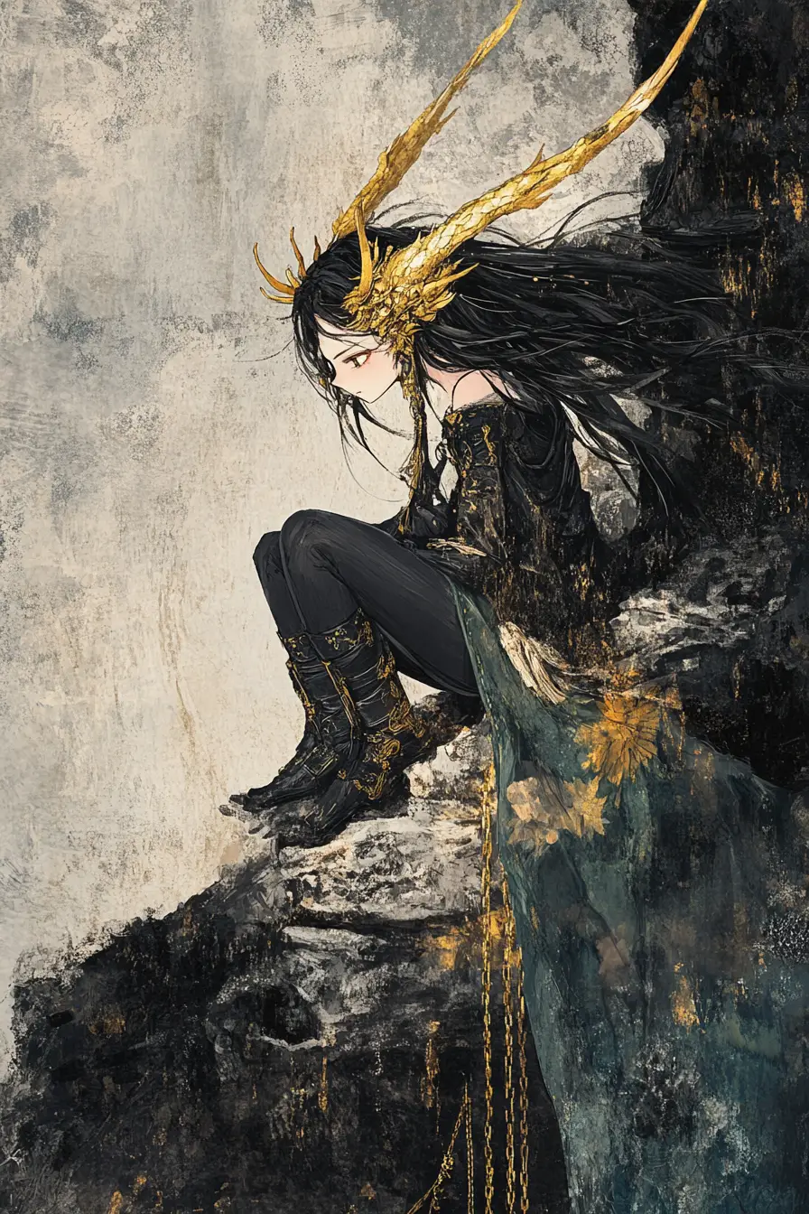 Anime-Mädchen mit Hörnern, angekettet an einen Felsen in einer dunklen Höhle