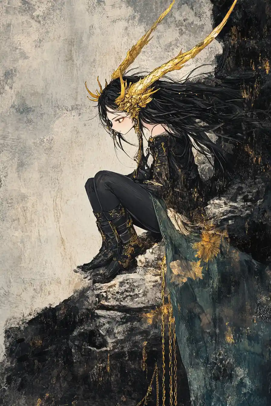 Anime horned girl chained on rock in dark cave