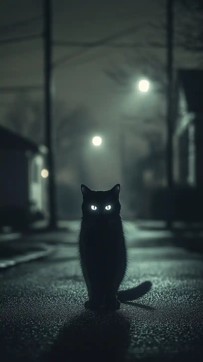 Black cat with glowing eyes on dark suburban street