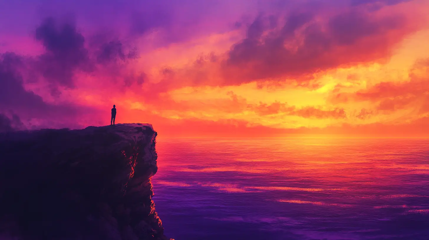峭壁上注視寧靜海洋夕陽天空的剪影