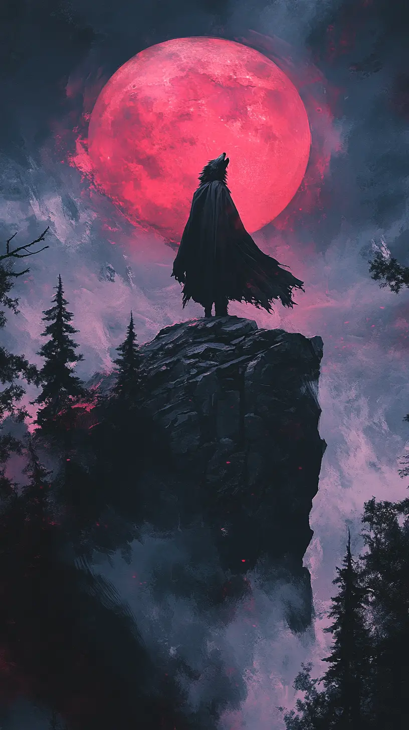 Loup-Garou en Cape sur Falaise Rocheuse sous une Lune de Sang Cramoisie