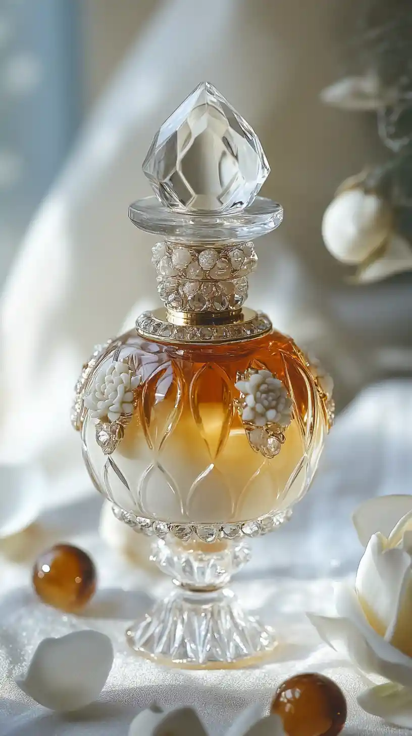 Boccetta di profumo in cristallo con note floreali e legnose