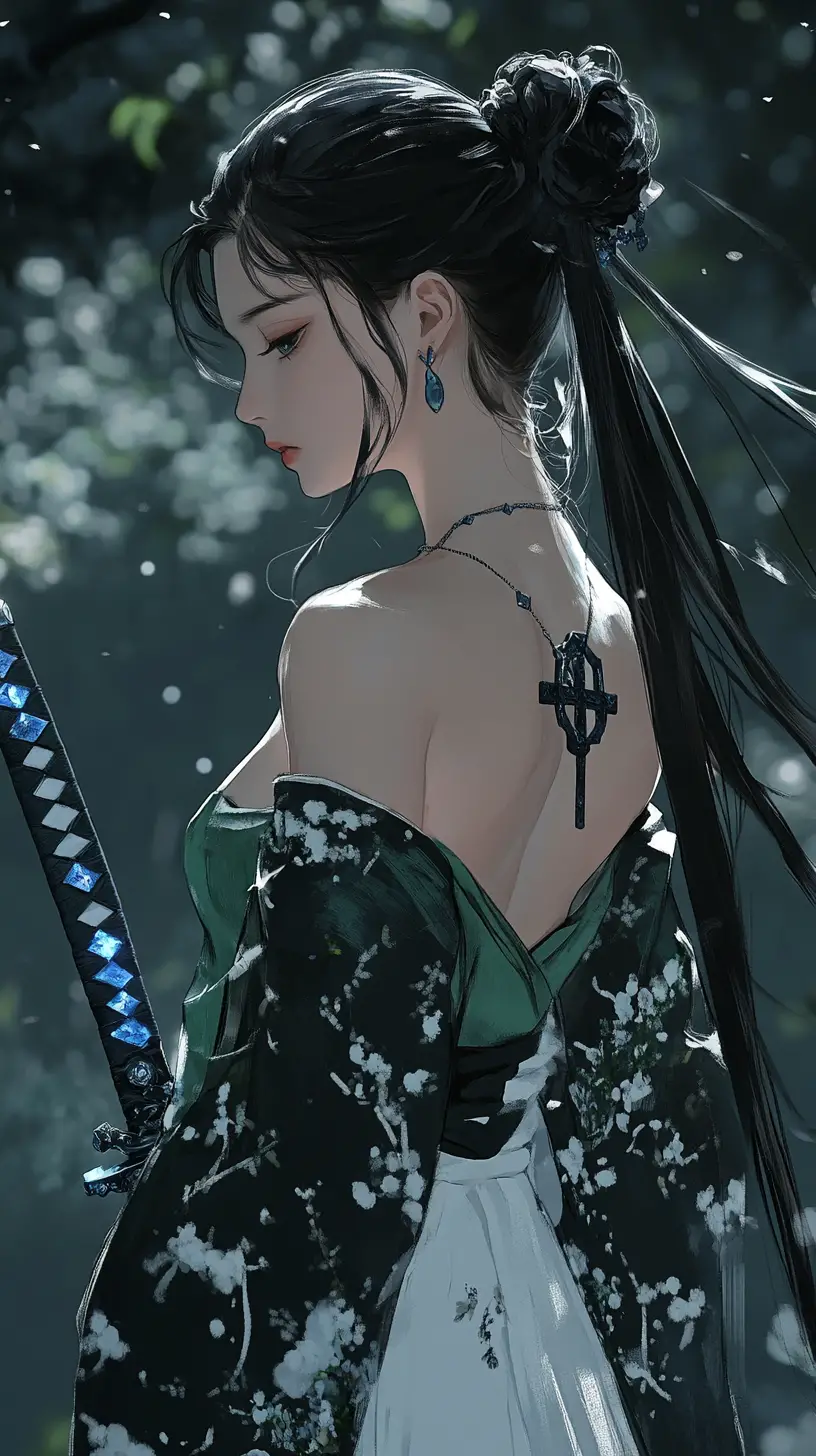 Girl With Sword Walking Through Night Forest