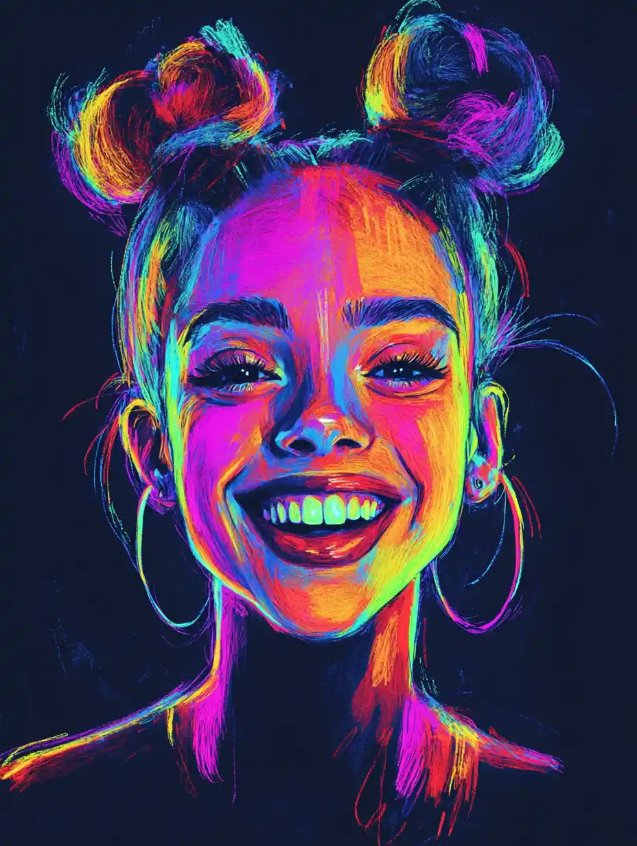 Fluorescent minimalist portrait sketch of a smiling girl